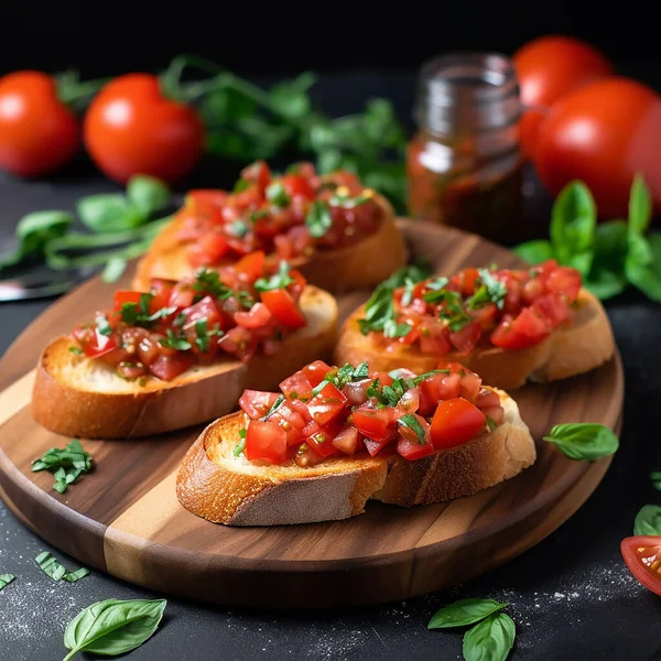 Bruschetta Com Tomate Manjericão Tomates Fundo Escuro Foco Seletivo — Fotografia de Stock