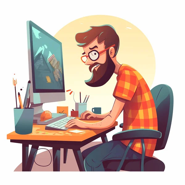 Chica Oficina Con Una Computadora Portátil Hombre Trabajando Ilustración Vectorial —  Fotos de Stock