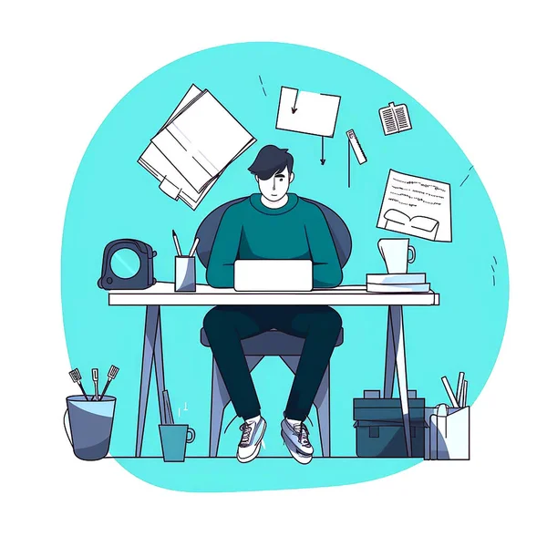 Чоловік Сидить Робочому Місці Ноутбуком Чашкою Кави Векторні Ілюстрації — стокове фото