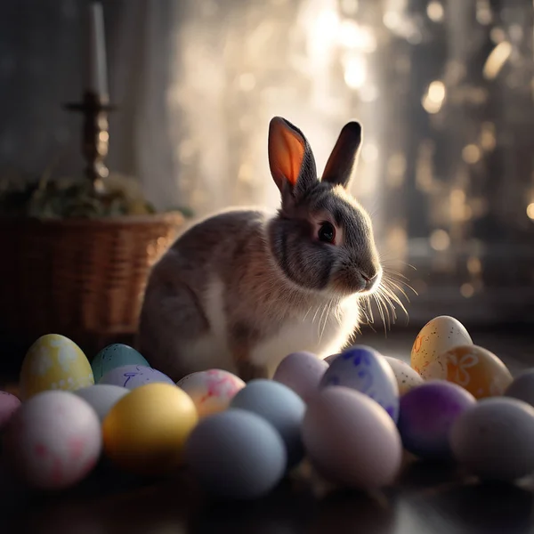 stock image easter bunny with eggs and rabbit ears on a wooden background