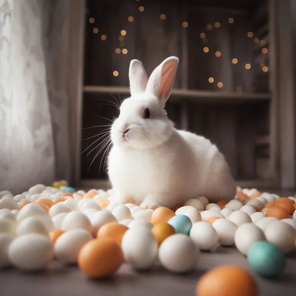 Stock image easter bunny with eggs and rabbit ears on wooden table