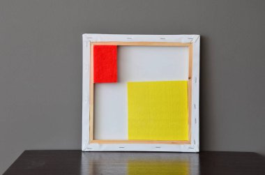 wooden frame with a red and white background
