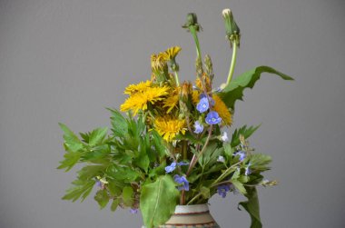 Vazoda kır bir çiçek demeti Gri bir arkaplanda