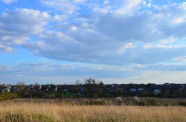 Arkasında büyük bir köy olan bir tarla manzarası.