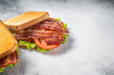 BLT toasted sandwich with bacon, tomato and lettuce. Gray background. Top view. Copy space.