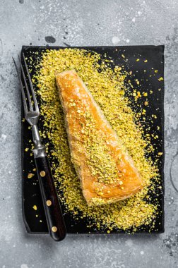 Turkish Dessert Havuc Dilim Baklava with pistachio and honey. Gray background. Top view.