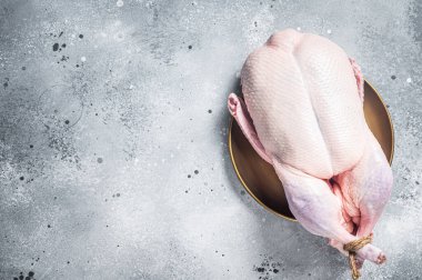 Raw free range whole duck. White background. Top view. Copy space.