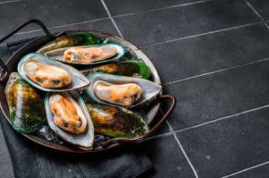 Large green mussels in shells on tray with ice. Black background. Top view. Copy space.