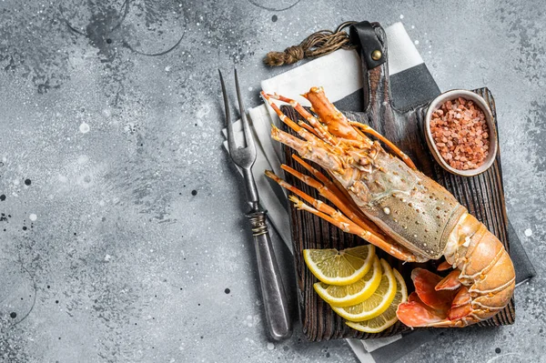 Cooked Spiny lobster or sea crayfish on a wooden board. Gray background. Top view. Copy space.