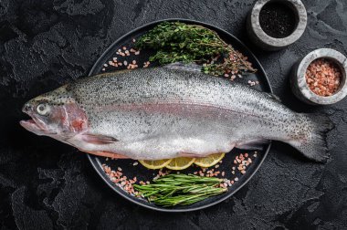 Çiğ deniz alabalığı, taze balık ve şifalı otlar. Siyah arka plan. Üst görünüm.