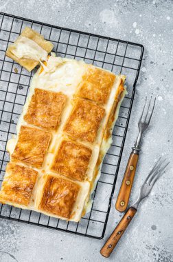 Turkish cheese stuffed filo dough borek or Su boregi. Gray background. Top view.