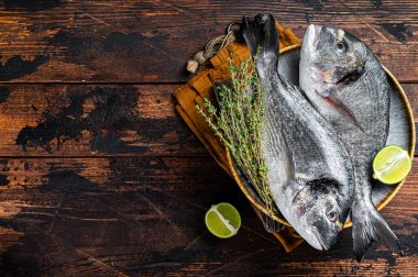 Fresh raw sea bream dorado fish with herbs. Black background. Top view. Copy space.