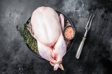 Organik eko bütün ördeği kekik ve tuzla pişirmiş. Siyah arka plan. Üst görünüm.