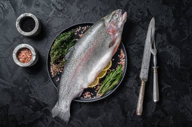 Çiğ deniz alabalığı, taze balık ve şifalı otlar. Siyah arka plan. Üst görünüm.