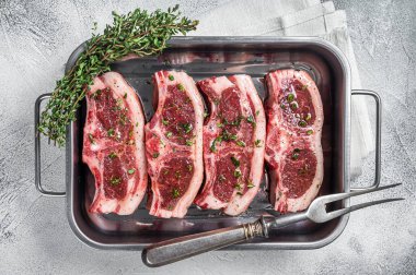 Marinated Raw meat of lamb mutton saddle in steel tray with thyme, spices and olive oil. White background. Top view.