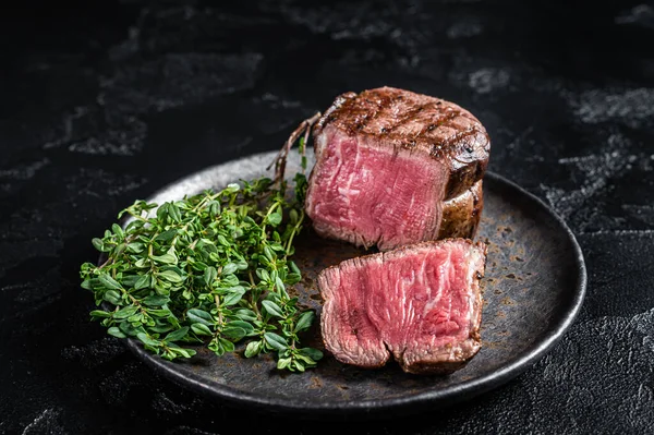 Prime Fillet Mignon Steaks Grilled Beef Tenderloin Meat Black Background — стоковое фото