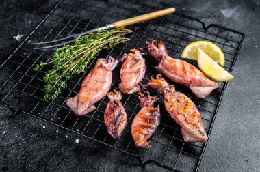 Bbq squid calamary on a rack. Black background. Top view.