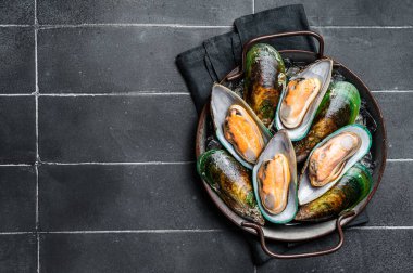 Large green mussels in shells on tray with ice. Black background. Top view. Copy space.