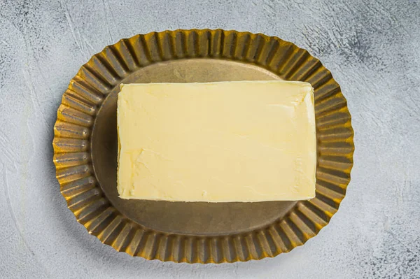 Butter Block Steel Plate White Background Top View — Foto de Stock
