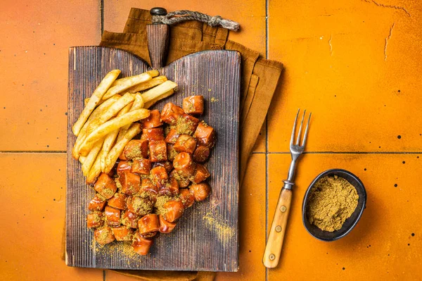 Curried Sausage Currywurst Meal Curry Wurst French Fry Served Wooden — Fotografia de Stock