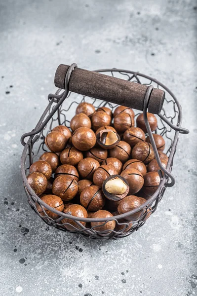 Macadamia Organic Nuts Basket Gray Background Top View — ストック写真