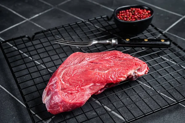 Raw Beef Meat Piece Grilling Spices Black Background Top View — ストック写真
