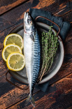 Uncooked mackerel fish, raw scomber with herbs. Wooden background. Top view.