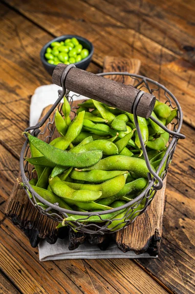 Edamame Green Beans Fresh Soy Beans Wooden Background Top View — Stockfoto