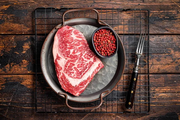 Raw Wagyu Rib Eye Beef Meat Steak Steel Tray Wooden — Stok fotoğraf