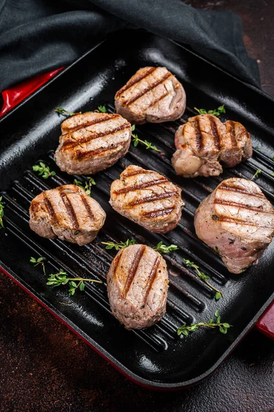 Médaillons Porc Frits Steaks Viande Filet Sur Une Poêle Griller — Photo