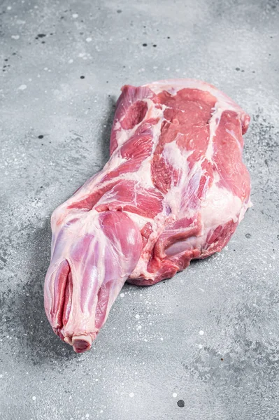 Raw Lamb Shoulder Meat Butcher Table Gray Background Top View —  Fotos de Stock