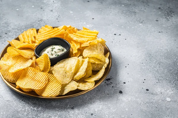 Variety Potato Chips Plate Served Dip Sauce Gray Background Top — Stock Photo, Image
