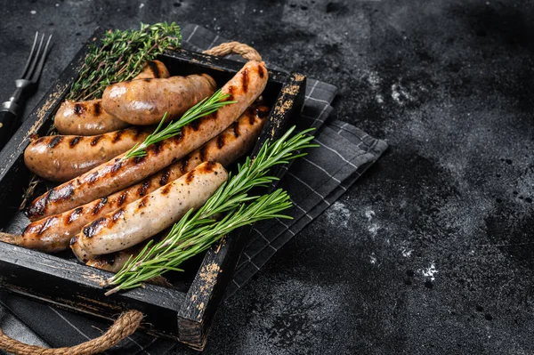 Fried Grill Skillet Mix Sausages Wooden Tray Herbs Black Background — Zdjęcie stockowe