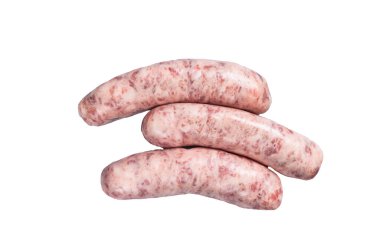 Baharatlı barbekü sosisi için çiğ sucuk. Beyaz arkaplanda izole