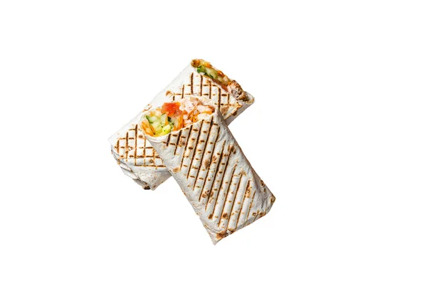 Shawarma Durum Sebze Salatalı Kebap Yapıyor Beyaz Arkaplanda Izole — Stok fotoğraf