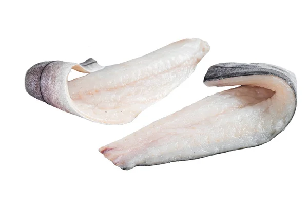 Mutfak Masasında Iki Çiğ Mezgit Balığı Filetosu Beyaz Arkaplanda Izole — Stok fotoğraf