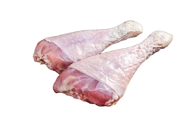 Fresh Turkey Legs Drumsticks Raw Poultry Meat Butcher Cleaver Isolated — Stock Photo, Image