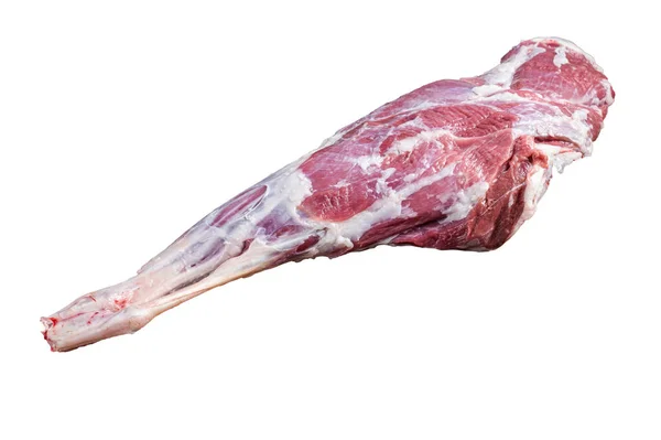 マトン肉だ 肉屋の板の上で生の子羊の足の太もも 白地に隔離された — ストック写真