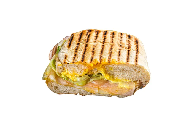 Club Sandwich Panini Ζαμπόν Ντομάτα Τυρί Και Βασιλικό Απομονωμένα Λευκό — Φωτογραφία Αρχείου