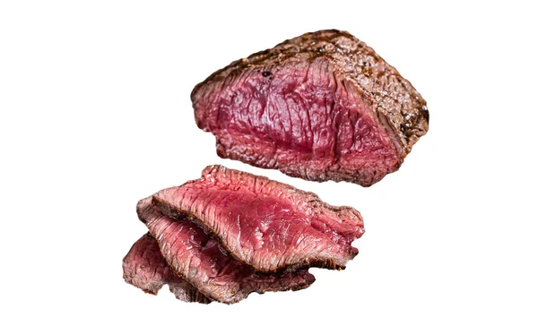 Grilovaný Hovězí Steak Nakrájený Tác Bylinkami Izolováno Bílém Pozadí — Stock fotografie