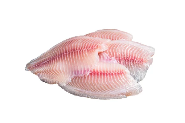 Φιλέτο Φρέσκο Ψάρι Τιλάπια Ξύλινο Δίσκο Απομονωμένα Λευκό Φόντο — Φωτογραφία Αρχείου