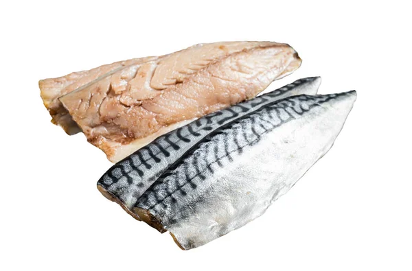 Kesme Tahtasında Taze Çiğ Uskumru Fileto Balığı Pişirmek Beyaz Arkaplanda — Stok fotoğraf