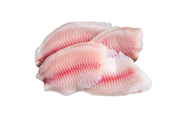 Frisches Tilapia Weißfischfilet Einem Hölzernen Tablett Isoliert Auf Weißem Hintergrund — Stockfoto