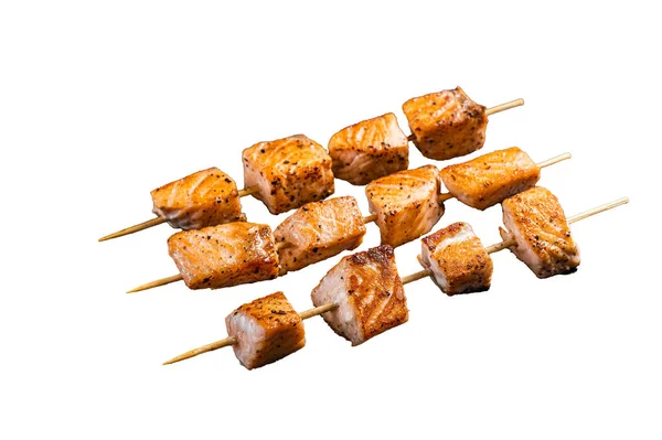 Grilované Lososí Kebab Špejle Izolováno Bílém Pozadí — Stock fotografie