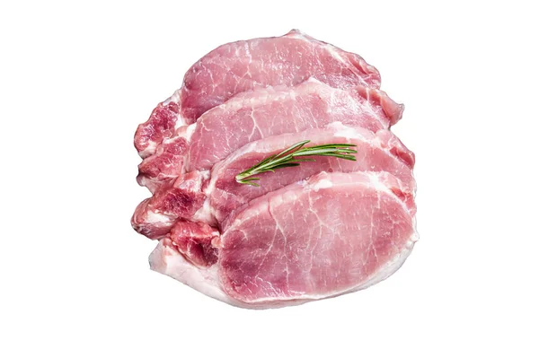 날고기로 돼지고기 스테이크는 쟁반에 로즈마리를 곁들인 것이다 배경에 고립됨 — 스톡 사진