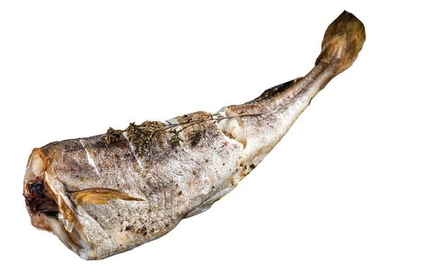 Misket Tahtasında Kekik Olan Kızarmış Morina Balığı Beyaz Arkaplanda Izole — Stok fotoğraf