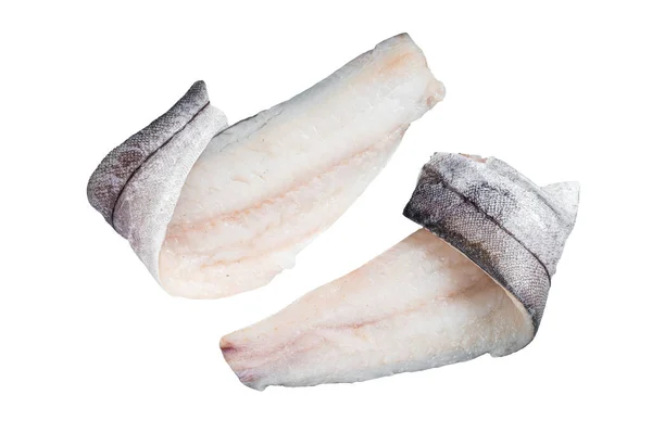 Два Сырых Рыбных Филе Пикши Кухонном Столе Изолированный Белом Фоне — стоковое фото
