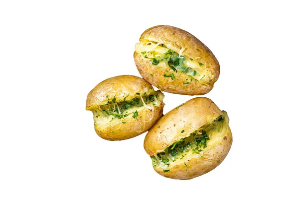 Backkartoffeln Mit Käse Kräutern Und Butter Isoliert Auf Weißem Hintergrund — Stockfoto
