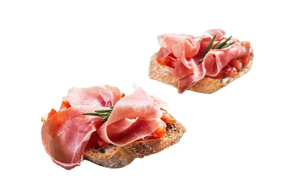 Tapas Espagnols Aux Tomates Tranches Jambon Ibérique Toasts Frais Isolé — Photo