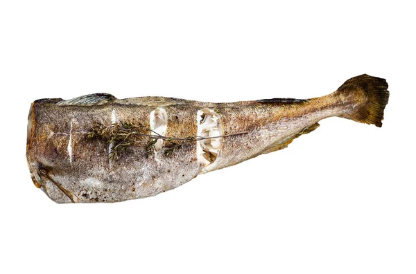 Жареная Треска Белой Рыбы Тимьяном Мраморной Доске Изолированный Белом Фоне — стоковое фото